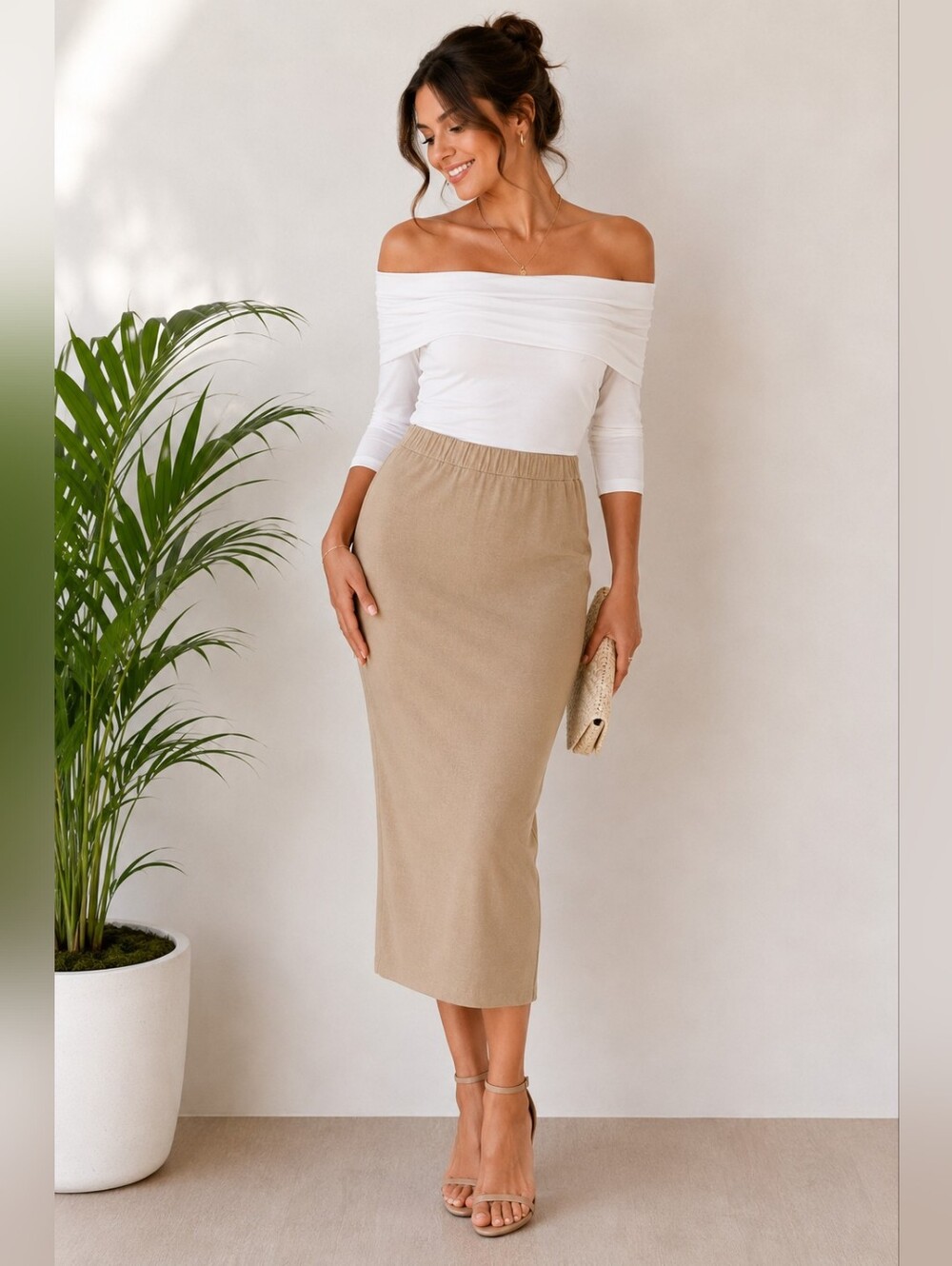 Beige Midi Pencil Skirt - Women's Elegant Slim Fit